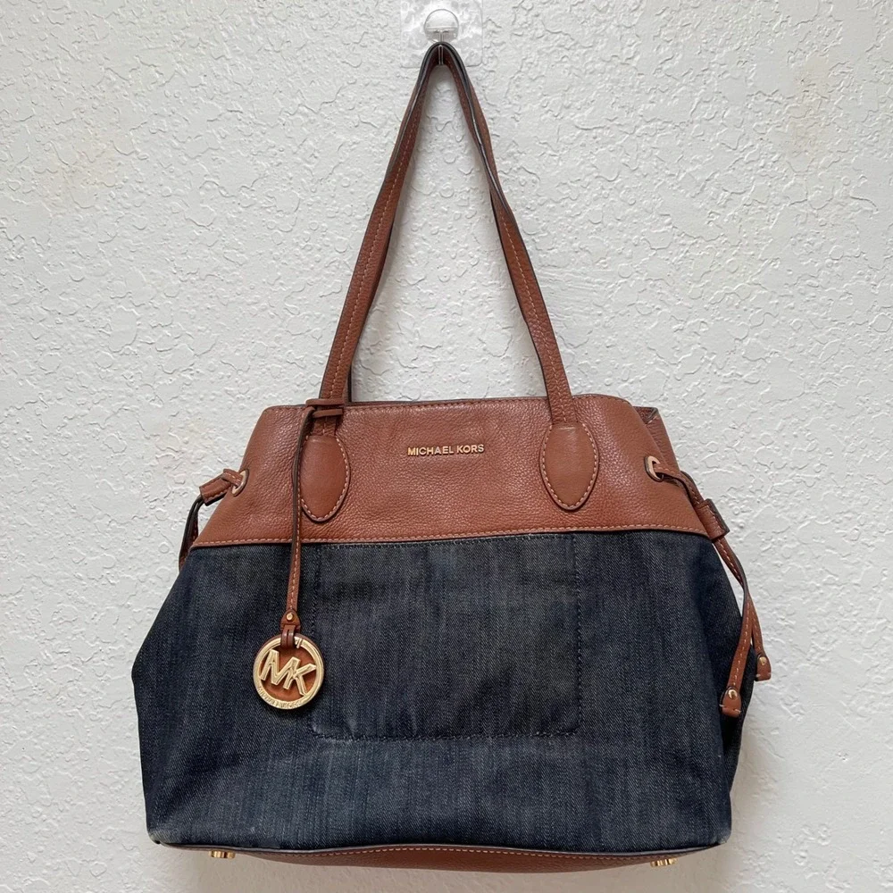 Michael Kors Marina Drawstring Denim Brown Leather Tote Shoulder Bag Designer